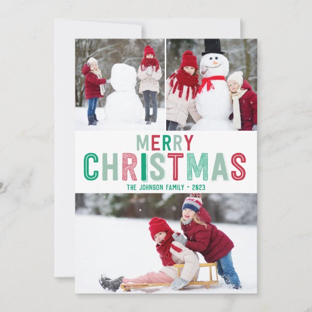 Cartões de Natal Vermelhos e Verdes com Três Image (Frente)
