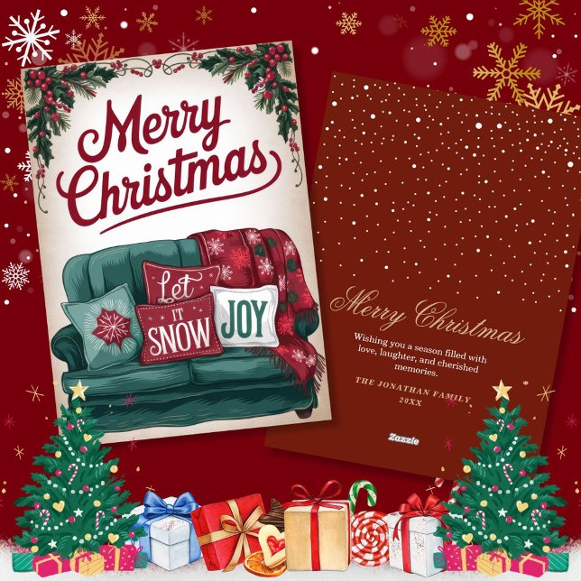 Cartões de natal Vintage Joyful Sofa (Criador carregado)