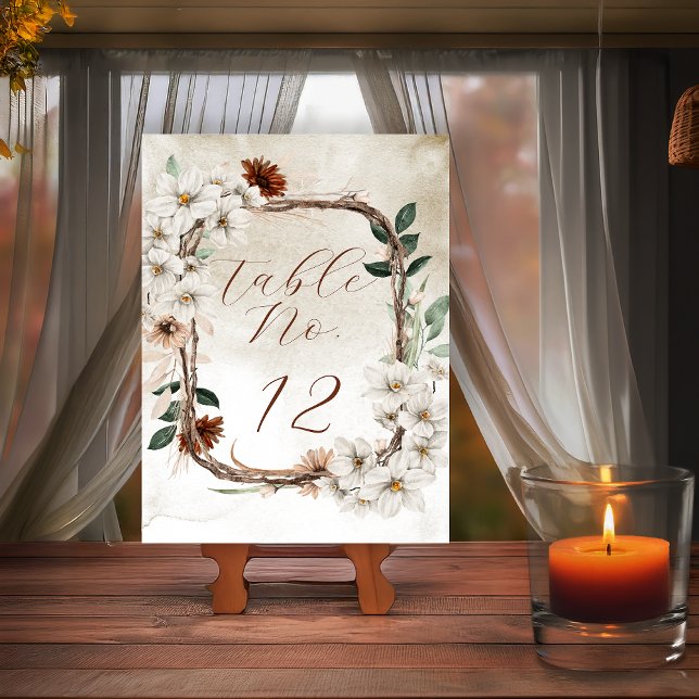 Cartões de noiva florais e presentes com queda de  (Boho Muted Fall Floral and Grapevine Wreath "Fall in Love" Bridal Shower Collection - Table Numbers)
