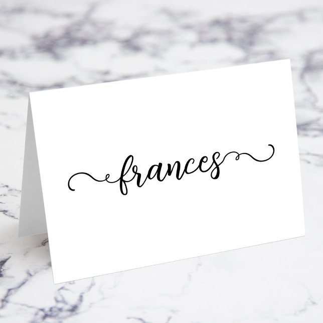 Cartões de Nome com Letra Curlada Fofa Preta (White and Black Cute Curly Script Name Place Cards)