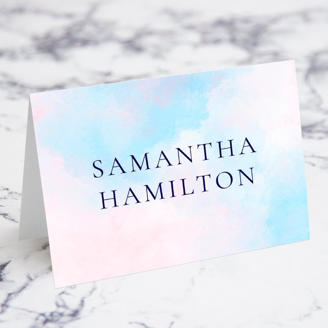 Cartões de Nome e Local com Nuvens Rosa Pastel em  (Pastel Pink and White Clouds Sky Blue Watercolor Cormorant Font Name Place Cards)