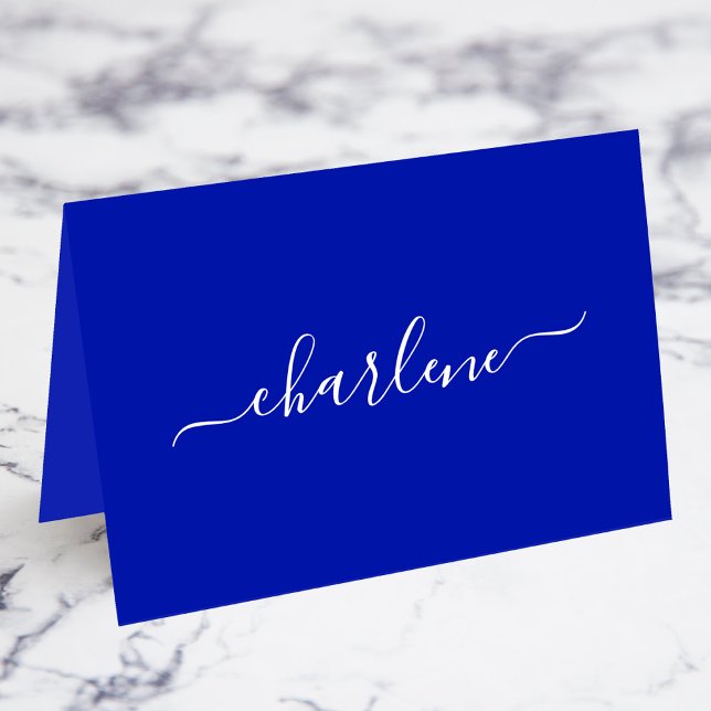 Cartões de Nome Elegantes Azul Real e Branco (Royal Blue and White Elegant Signature Script Individual Name Fold Your Own Place Cards)