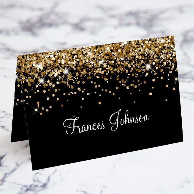 Cartões de Nome Individual Preto com Brilho Dourad (Gold Glitter Black Individual Name Place Cards)