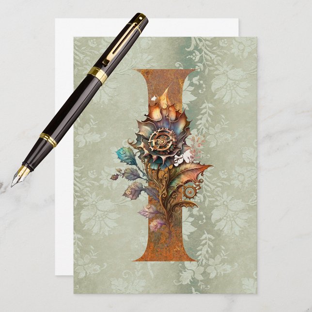 Cartões de Nota com Letra Floral Steampunk Vintage (Flat note card with or without envelope. Add a personalized touch to any note.)