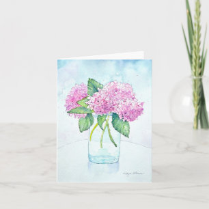 Cartões de nota de cor d'água com hydrangea rosa
