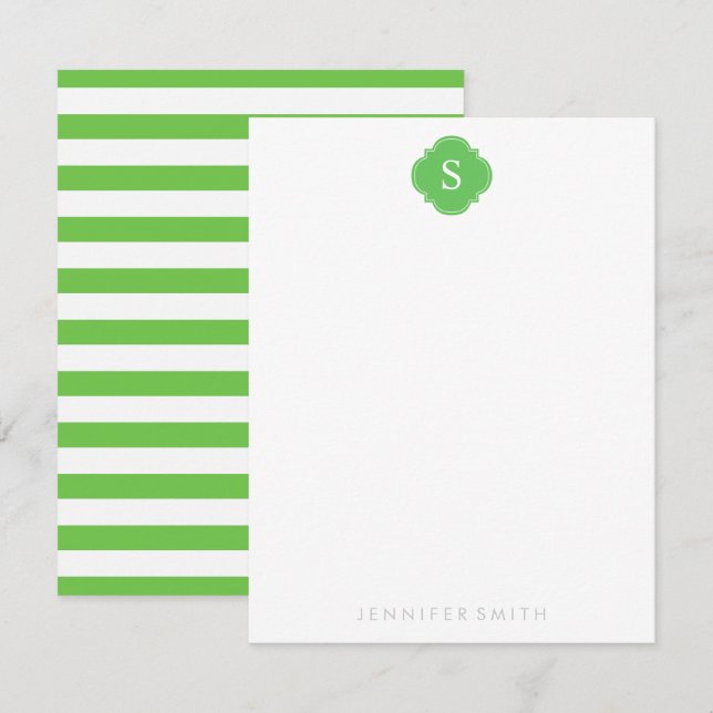 Cartões de Nota Verde Quatrefoil Monogramas e Stri (Frente/Verso)