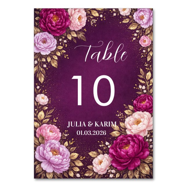 Cartões de Número de Mesa com Floral Roxo Recepção (Frente)