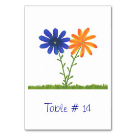 Cartões de número de mesa com flores azuis e laran