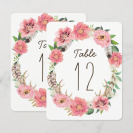 Cartões de Número de Mesa com Plumas Boho Aquarela