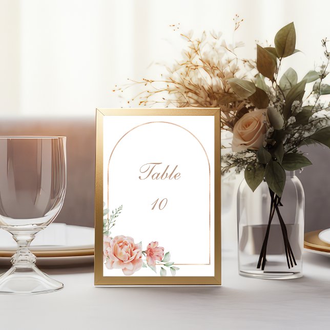 Cartões de Número de Mesa de Casamento com Aquarel (Peach watercolor Floral Greenery Rose Gold Arch Wedding Table number cards)