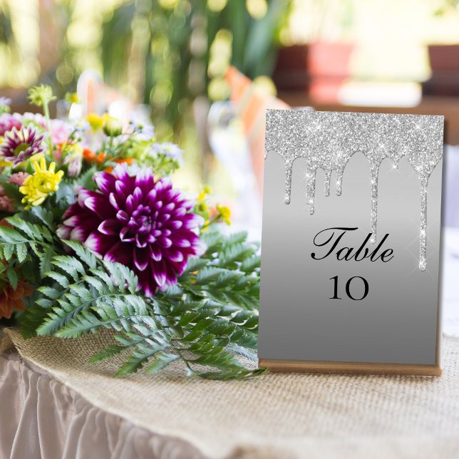 Cartões de Número de Mesa de Casamento com Brilho  (Silver Dripping Glitter Elegant Wedding Table number Cards)