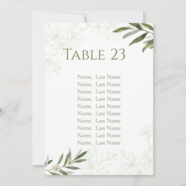 Cartões de Número de Mesa Floral Elegante em Verde (Frente)