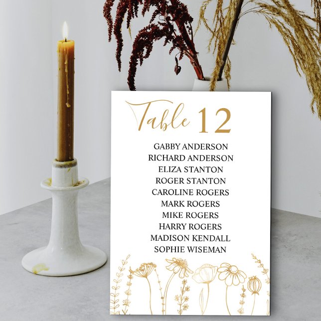Cartões de Número de Sentados do Desenho de Flores (Wedding Table Number and Guests Names in White & Gold, from my Wildflower Sketch collection)