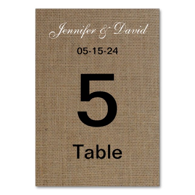 Cartões de Número de Tabela de Casamento Burlap Lo (Frente)