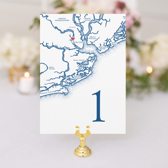 Cartões de Número de Tabela de Casamento de Mapa S (Charleston South Carolina Wedding Table Number in elegant navy blue from Coastal Map Designs)