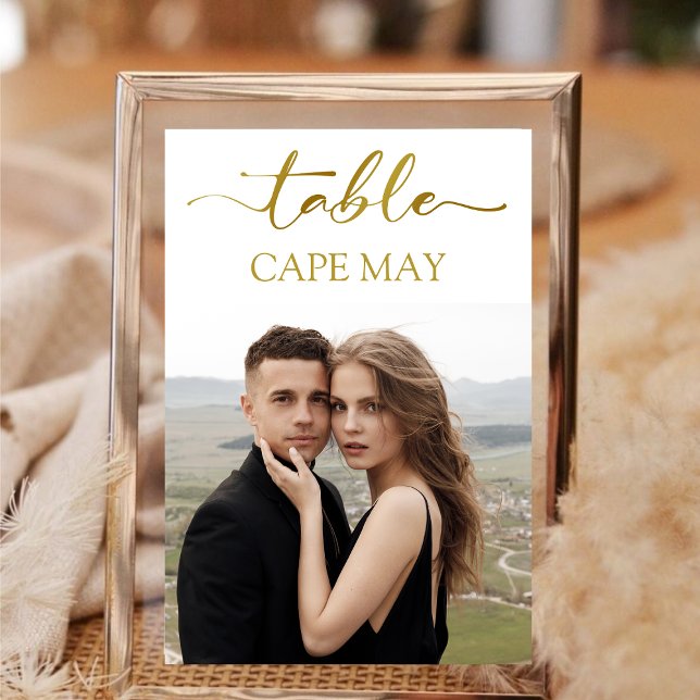 Cartões de Número de Tabela de Fotos de Casamento  (Wedding Travel Destination Name Photo White Gold Table Number)