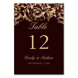 Cartões de Número de Tabela Floral Dourada Burgund