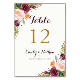 Cartões de Número de Tabela Floral Dourada Burgund