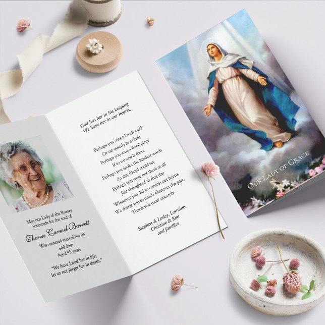 Cartões de Oração Católicos | Nossa Senhora da Gra (catholic, religious, celebration of life, in loving memory of, prayer cards for bereavement)