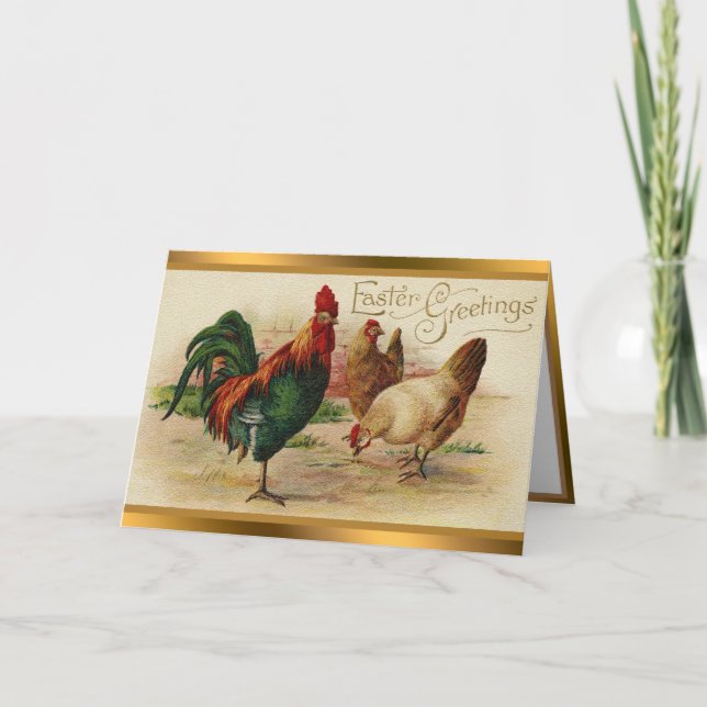Cartões De Páscoa Vintage Rooster E Galinhas (Frente)