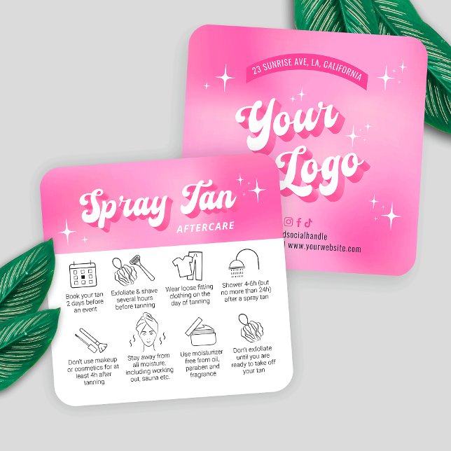 Cartões De Pé-De-Obra Rosa, Trendentes (Trendy spray tanning care cards with icons, featuring girly pink design, care icons & retro fonts)
