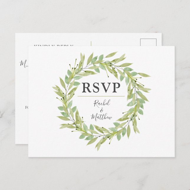 Cartões de Posto RSVP de Casamento Greenery Wreath (Frente/Verso)