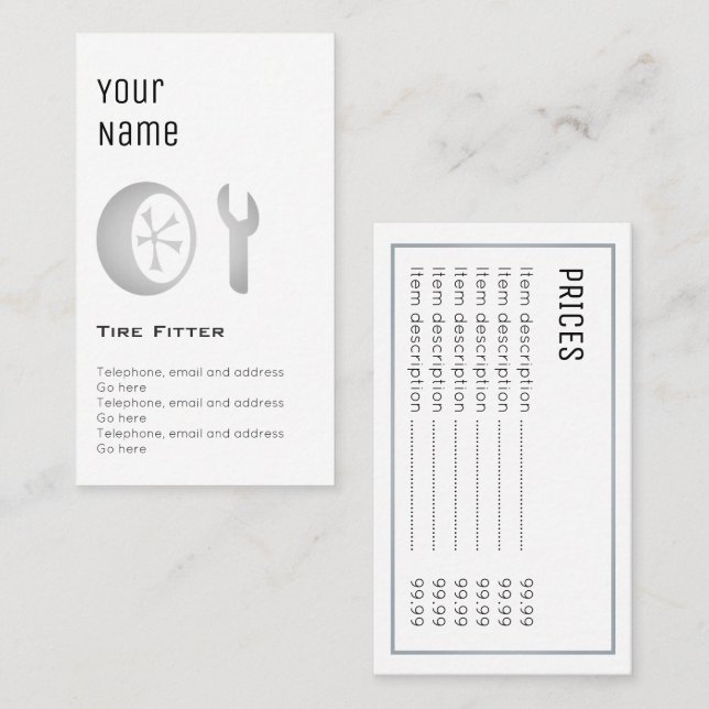 Cartões de preço "essenciais" do ajustador do pneu (Frente/Verso)