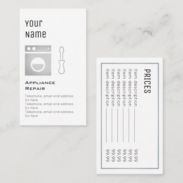 Cartões de preço "essenciais" do reparo do (Frente/Verso)