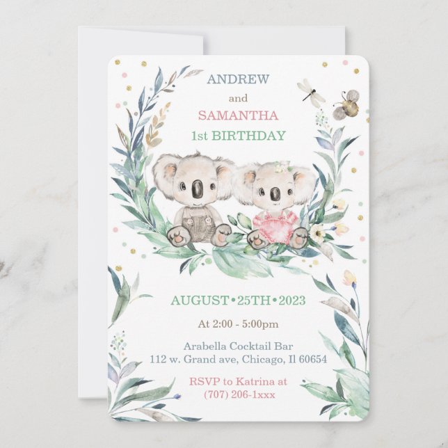 Cartões de Primeiro Aniversário de Urso para Gêmeo (Frente)