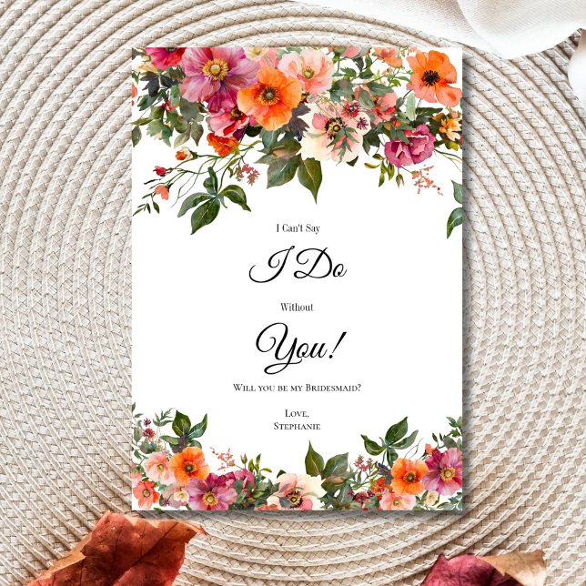 Cartões de Proposta de Damas de Honra Florais Lara (Pink Red Orange Watercolor Florals Bridesmaid Proposal Card. Digital or Printed)