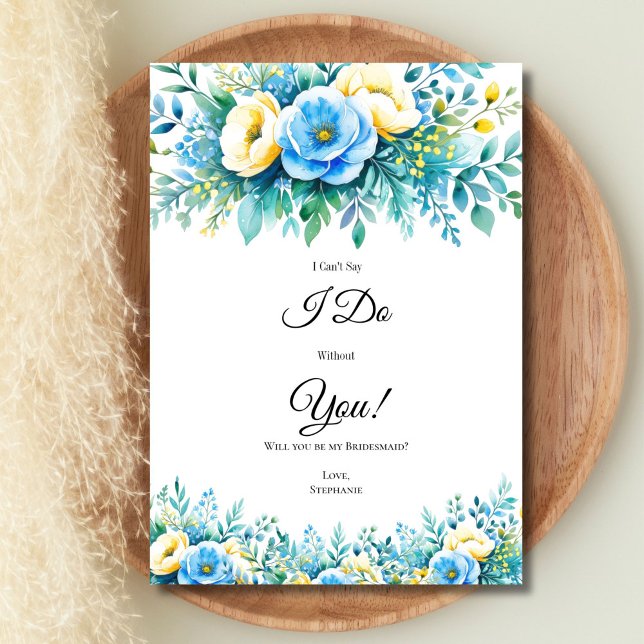Cartões de Proposta de Noivado Florais Amarelos Az (Blue yellow watercolor floral bridesmaid maid of honor Bridal Party proposal card, Printed or digita)