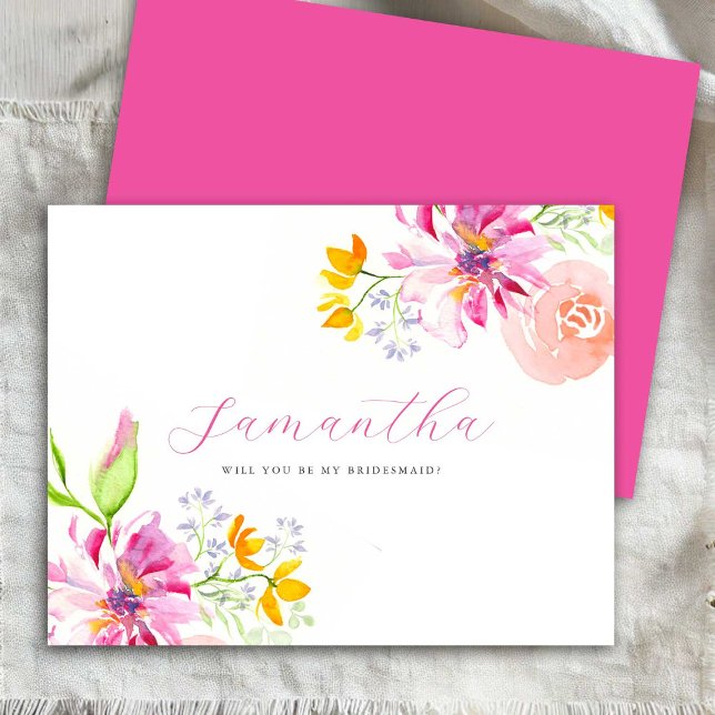 Cartões de Proposta Personalizados da Bridesmaid (Bridesmaid proposal cards watercolor pink flowers art by Victoria Grigaliunas of Do Tell A Belle)