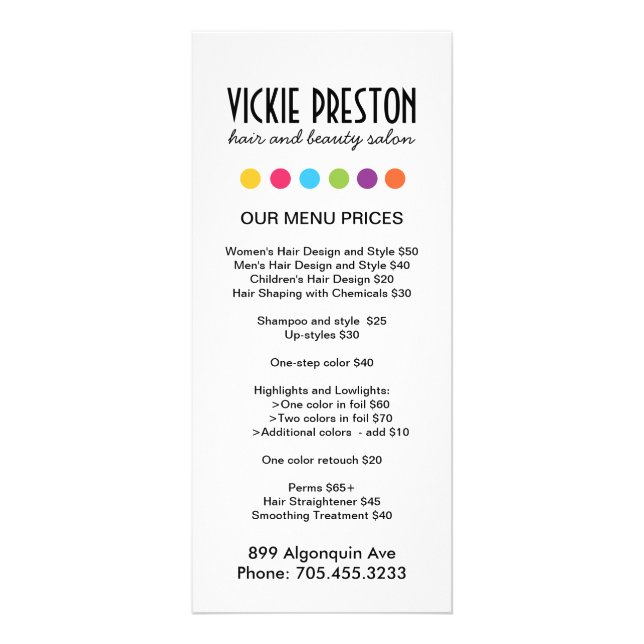 Cartões de rack para menus de salão de cabelo (Frente)