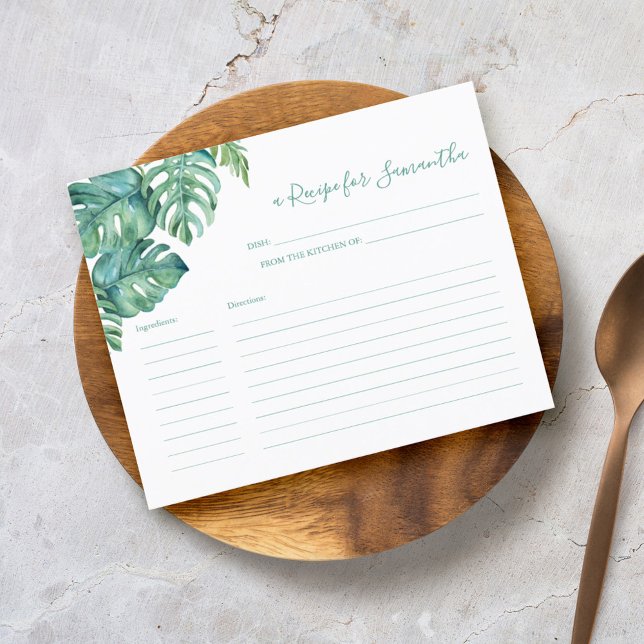 Cartões de Receitas Culinárias Folhagem Tropical (Tropical destination wedding stationery recipe for the bride card watercolor by Victoria Grigaliunas)