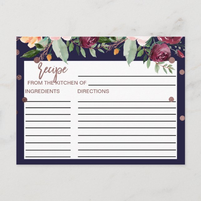 Cartões de Receitas de Chá de Noiva Rosa Dourado F (Frente)