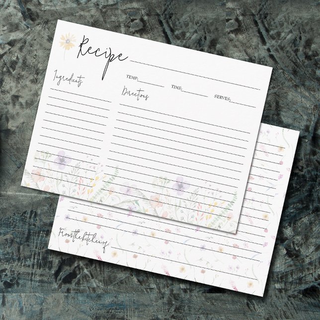 Cartões de receitas do Chá de panela de Dark Wildf (Dainty wildflowers bridal shower recipe cards 4.25" x 5.5")