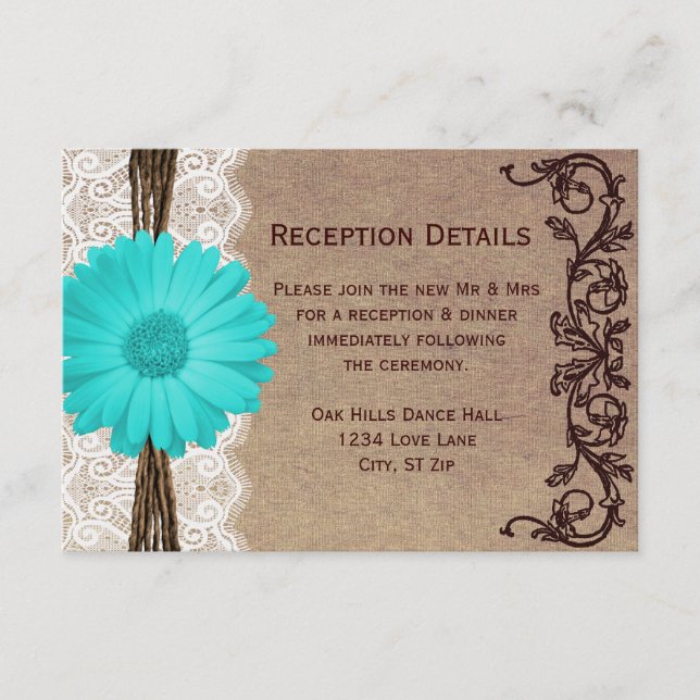 Cartões de Recepção de Casamento Rustic Teal Gerbe (Frente)