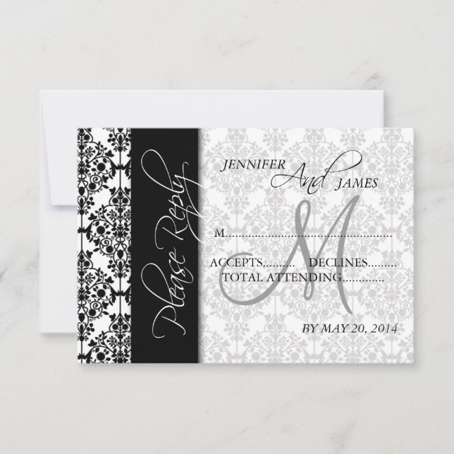Cartões de Resposta de Casamento Black Damask 5 Mo (Frente)