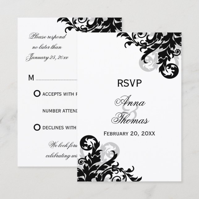 Cartões de Resposta de Casamento Black e Silver Fl (Frente/Verso)