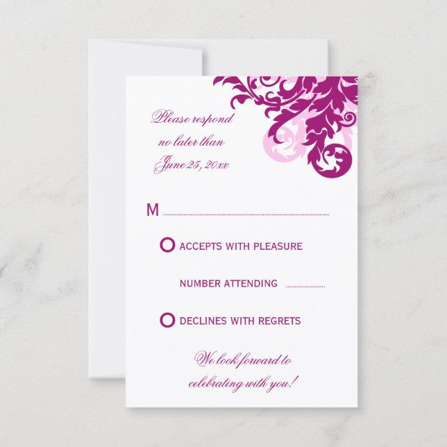 Cartões de Resposta de Casamento Magenta Flourish (Verso)