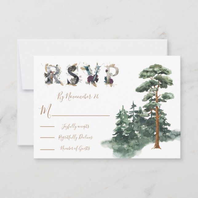 Cartões de resposta de Watercolor Woodland Wedding (Frente)