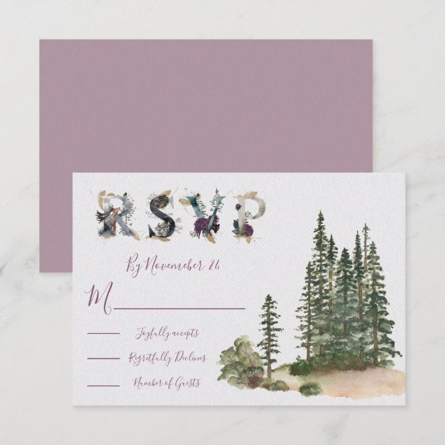 Cartões de resposta de Watercolor Woodland Wedding (Frente/Verso)
