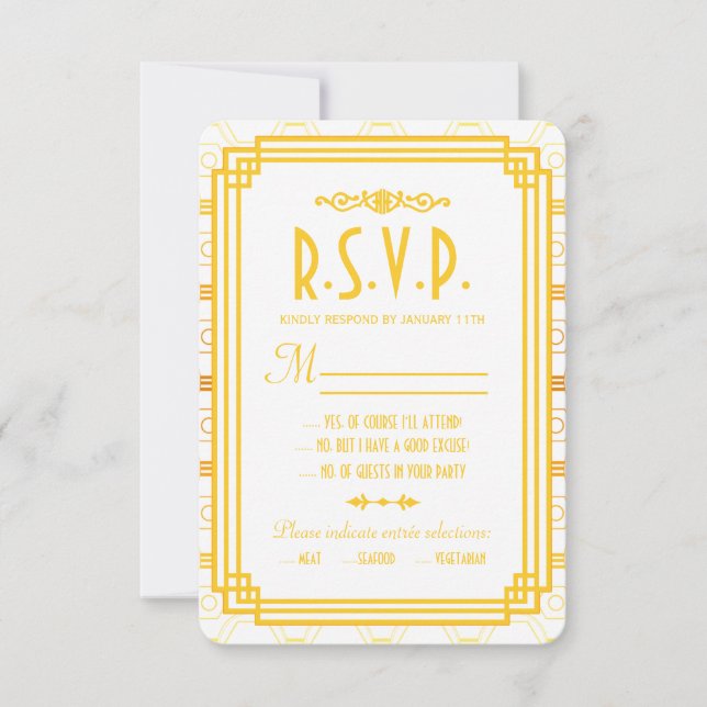 Cartões de Resposta para Casamento Dourado Art Dec (Frente)