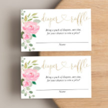 Cartões de rifa de fraldas florais rosa e dourado