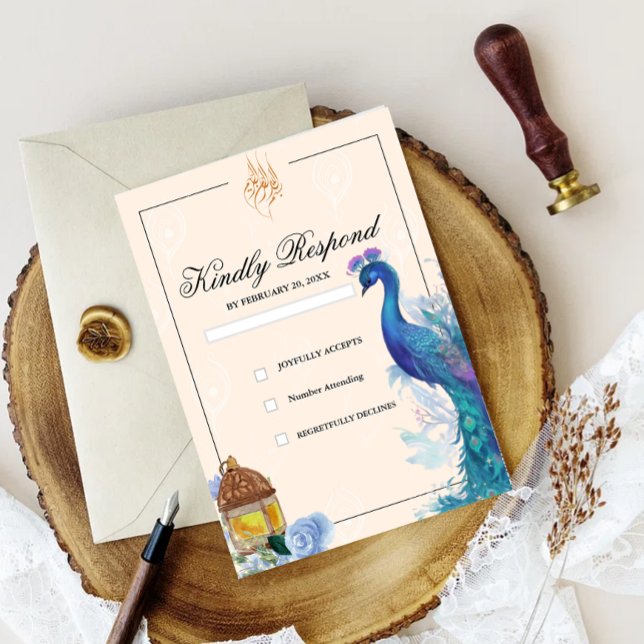Cartões de RSVP Árabe Muçulmano com Pavão Ilustrad (illustrated peacock muslim rsvp wedding card)