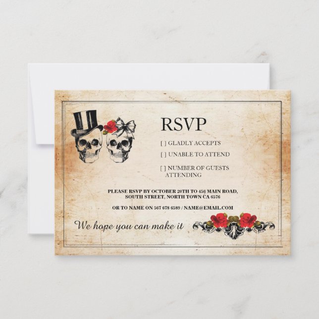 Cartões de RSVP Casamento Caveiras Rosas de Caveir (Frente)