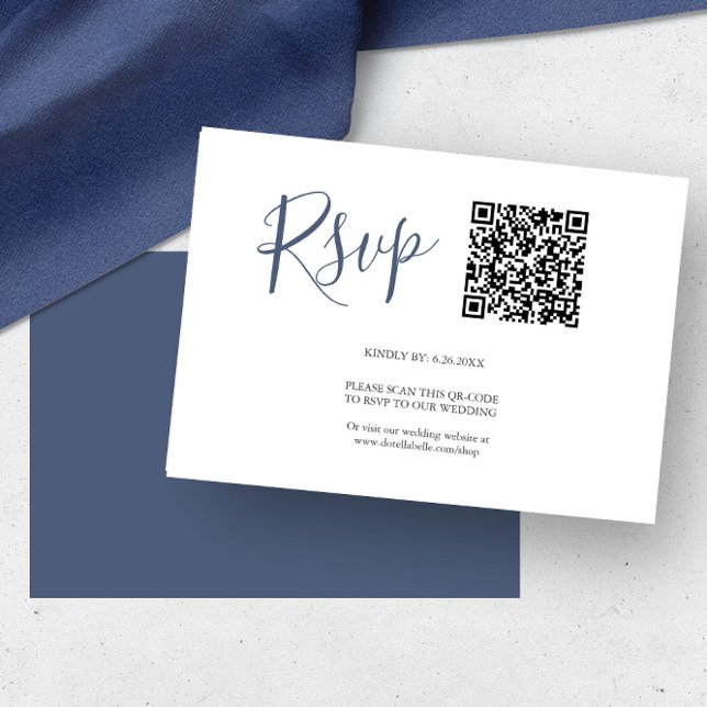 Cartões de RSVP com código QR Azul Marinho (QR code rsvp cards navy blue by Victoria Grigaliunas of Do Tell A Belle)