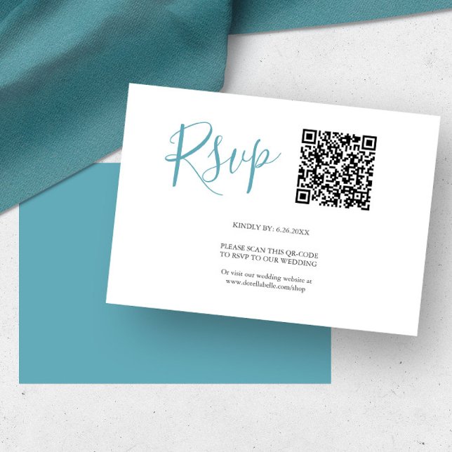 Cartões de RSVP com código QR Azul Turquesa (rsvp card examples QR code turquoise blue by Victoria Grigaliunas of Do Tell A Belle)