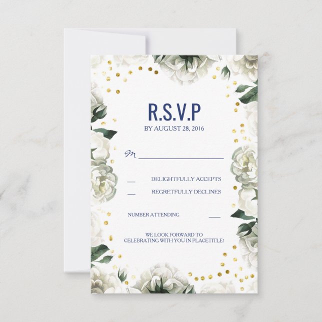 Cartões de RSVP de casamento com flores brancas vi (Frente)