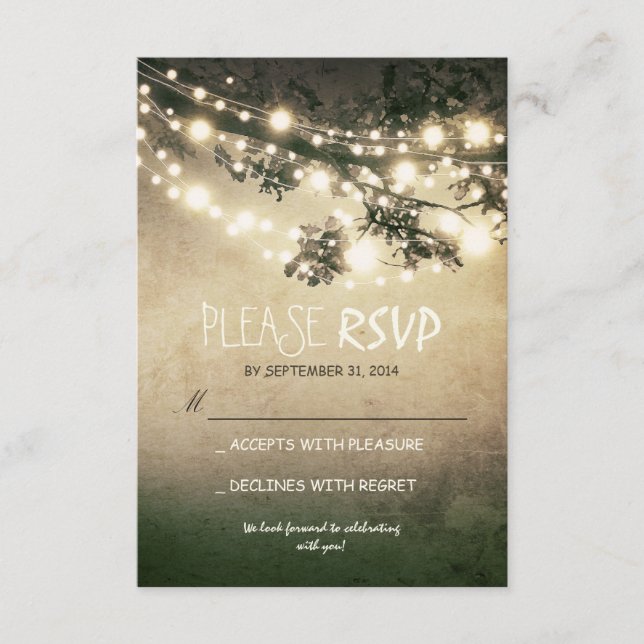 Cartões de RSVP de casamento com luzes rústicas (Frente)